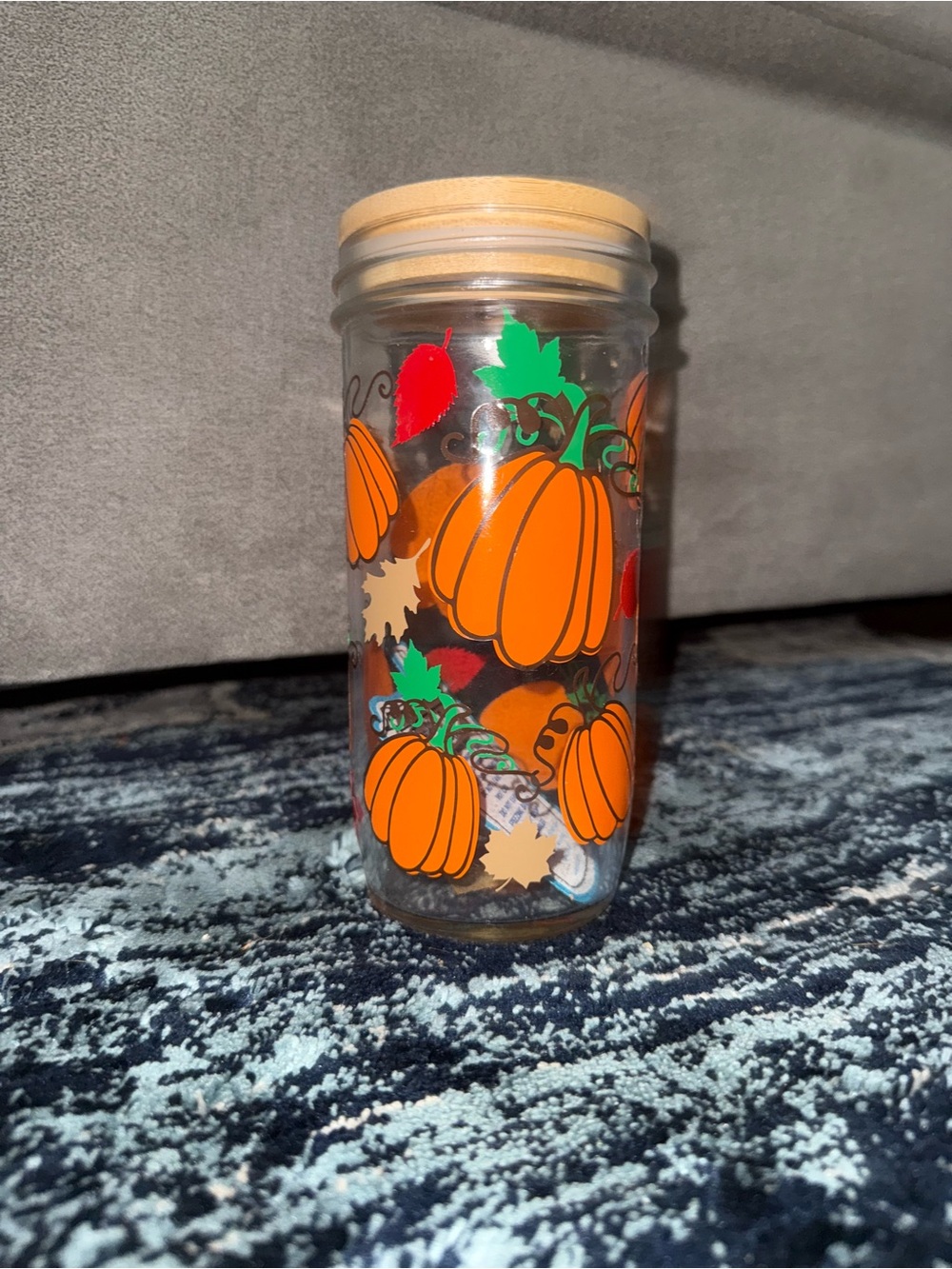 Pumpkin-Patterned Glass Jar with Wooden Lid